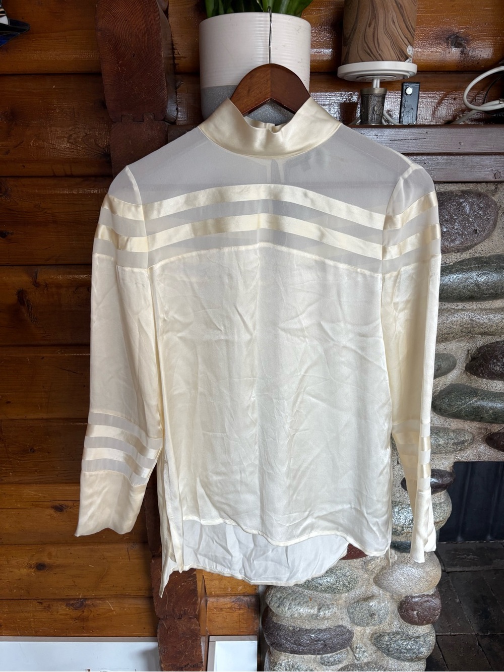 NWT Massimo Dutti Ivory Satin Sheer Stripe High Neck Blouse Size 38